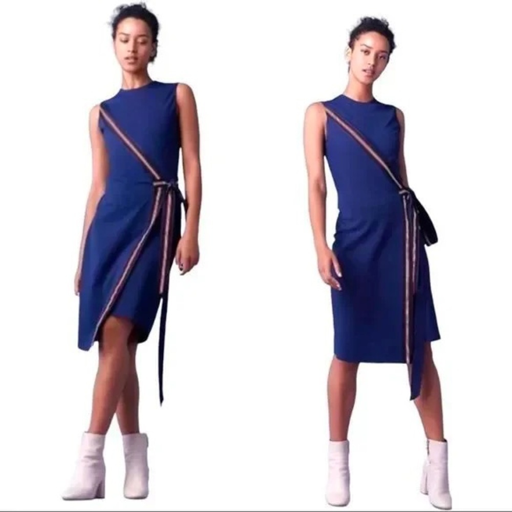 Diane Von Furstenberg DVF Lindsey Faux Wrap Satin Trimmed Shift Midi Dress